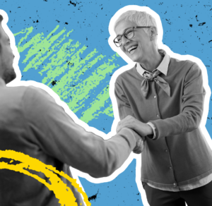 An older person holds hands with a younger person, on a graphic background