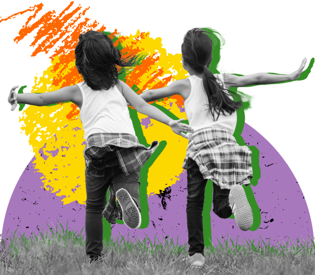 Two children running with their backs to the camera and holding hands, with a colourful graphic in the background