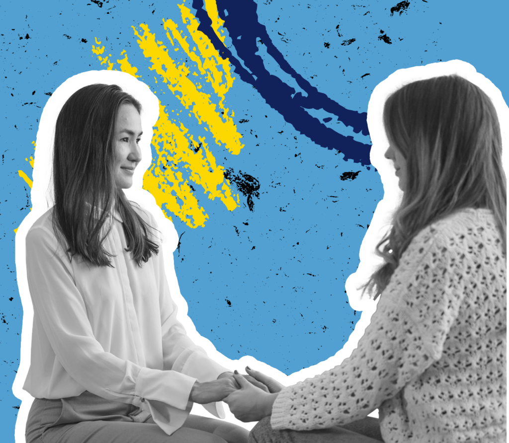 Two people holding hands and supporting each other layered on colourful background