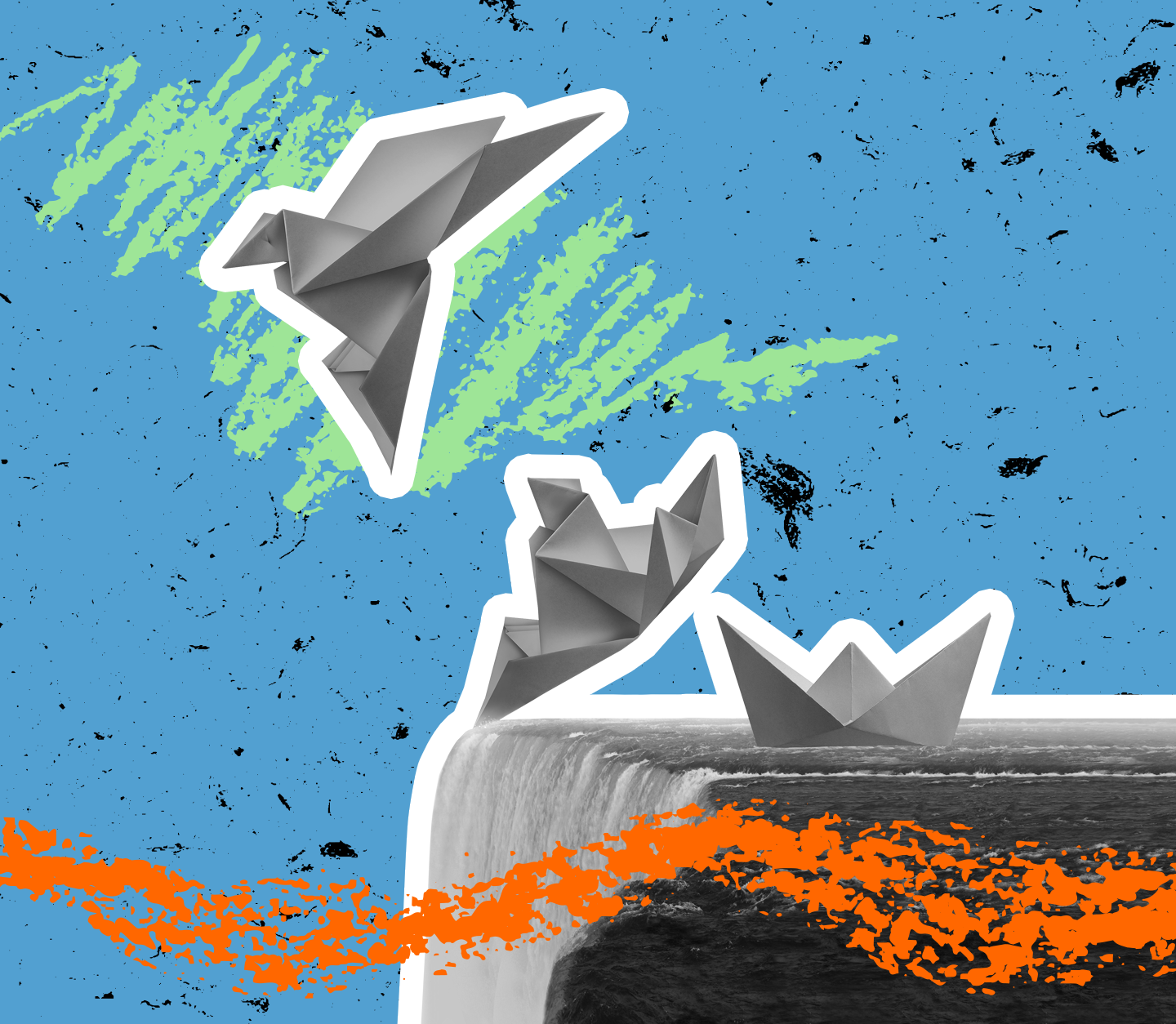 Origami birds flying off a table on blue background with graphic detailing