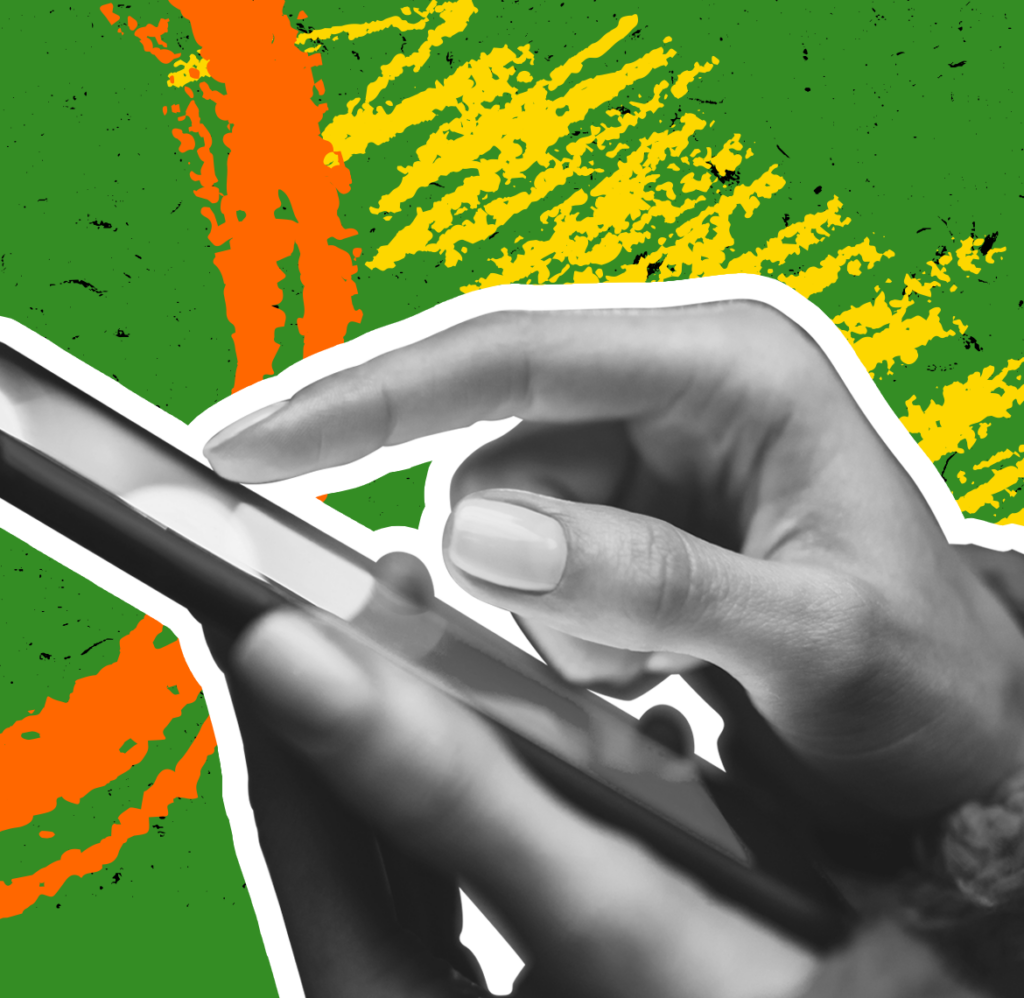 A person typing on a mobile phone, on a graphic background