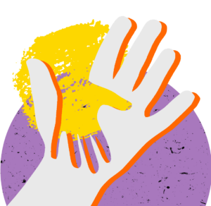 A small hand, layered on a larger hand, on a colourful graphic background