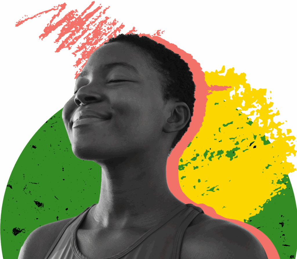 A person breathing deeply outdoors, layered on a colourful background