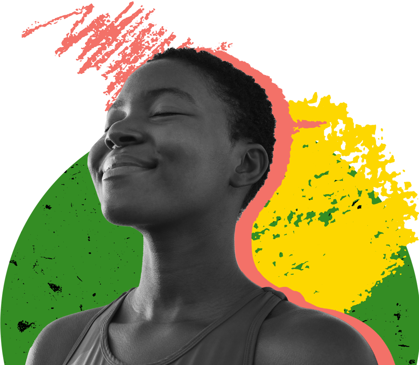 A person breathing deeply outdoors, layered on a colourful background