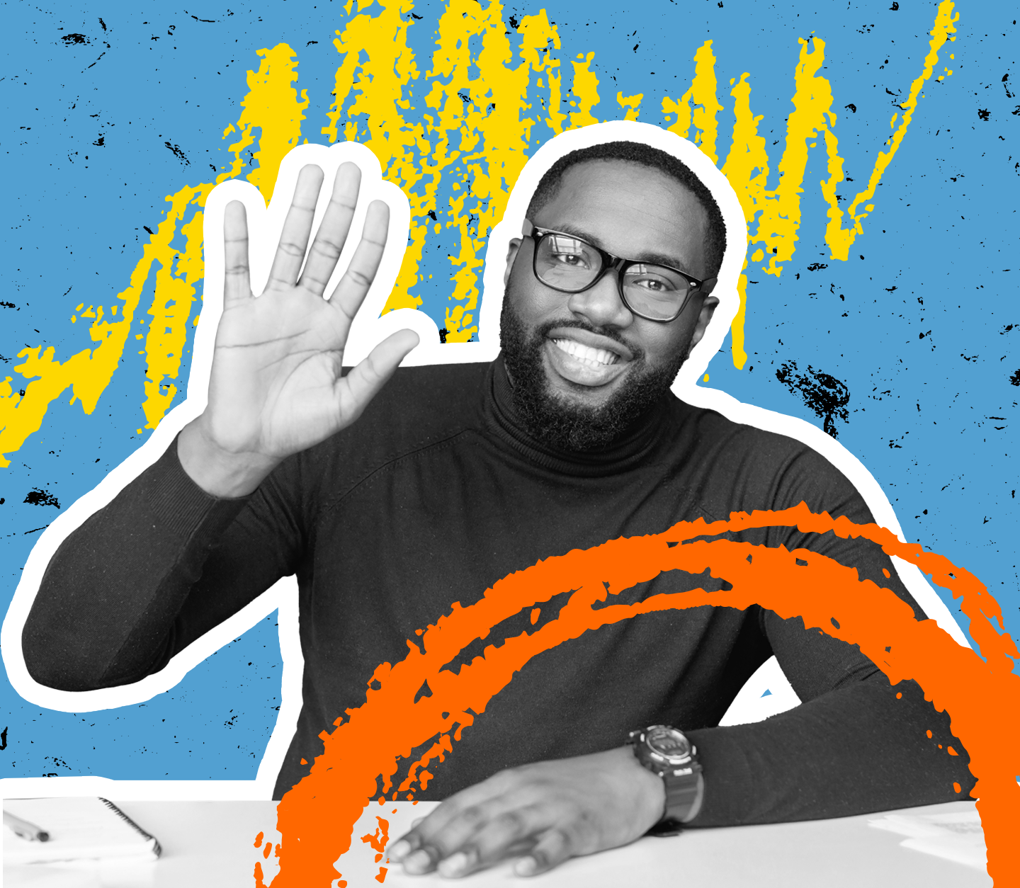 A man with short hair waves at the screen, positioned on a blue and yellow coloured background