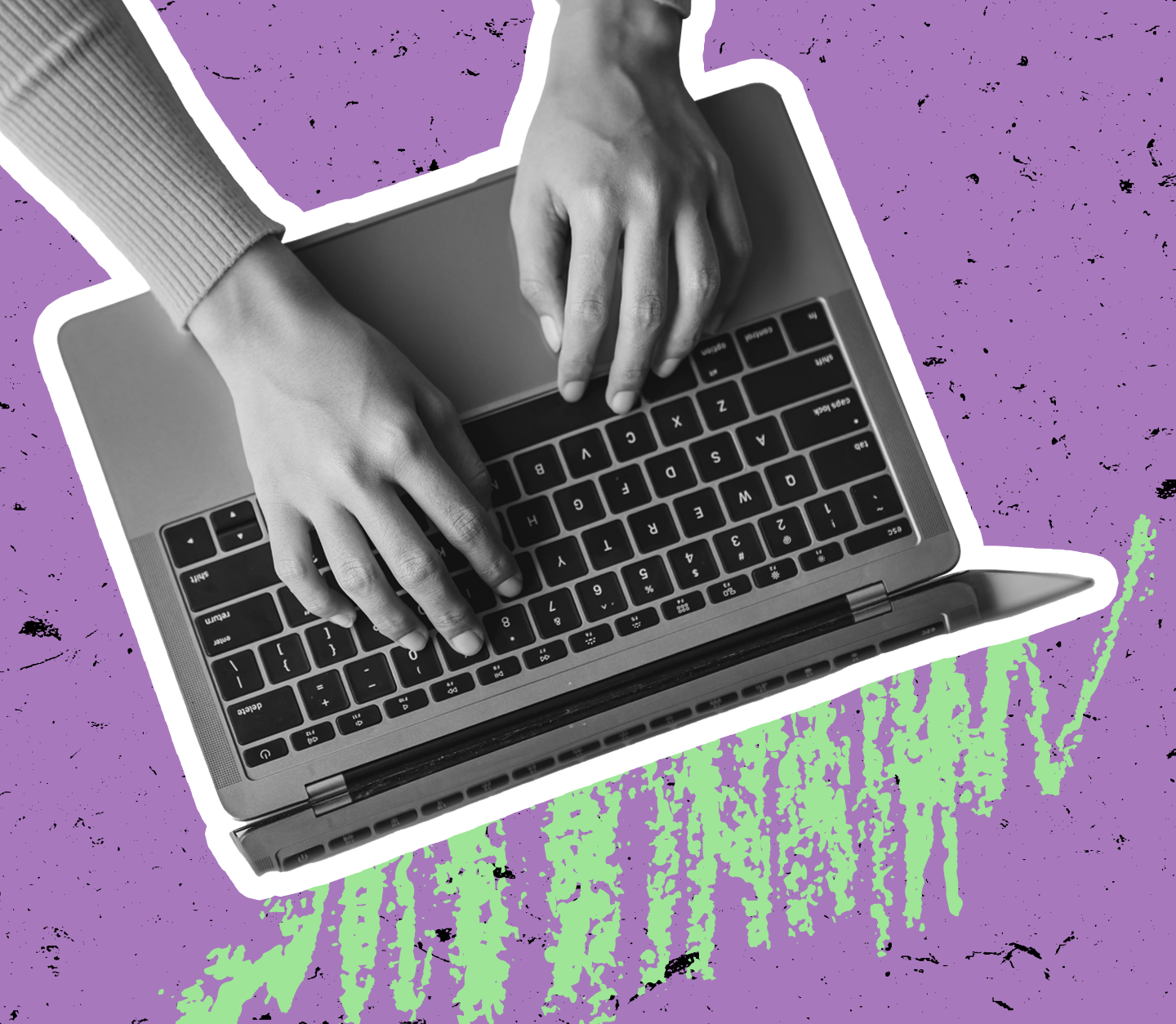 Person using a laptop to read the news, on a purple background