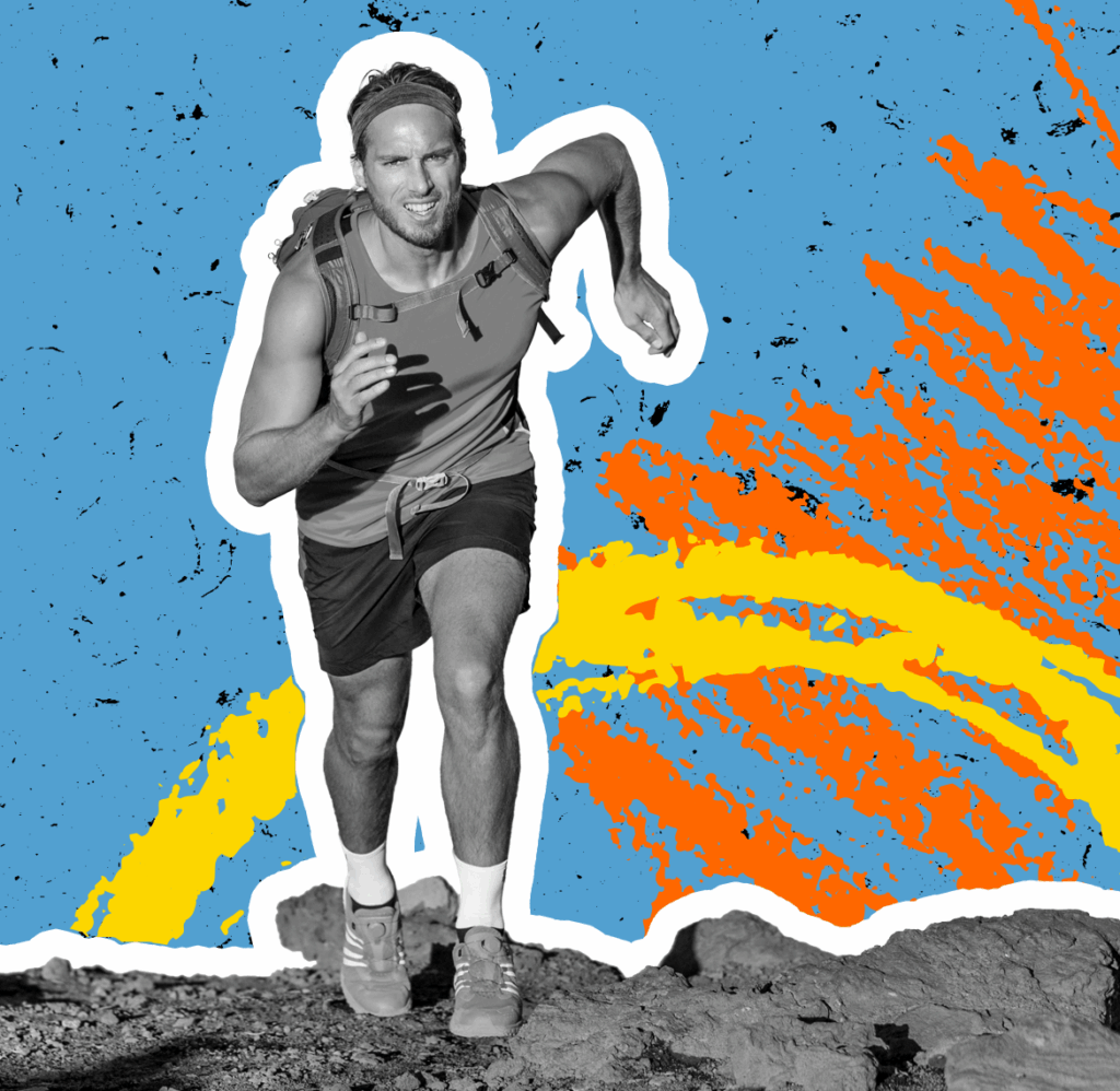 A man runs up a hill, showing that he is moving forward. 