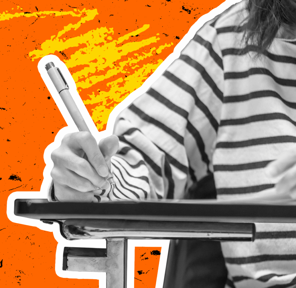 A person writes in a notebook, reporting or documenting something