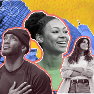 Group of young people on a city skyline background looking hopeful