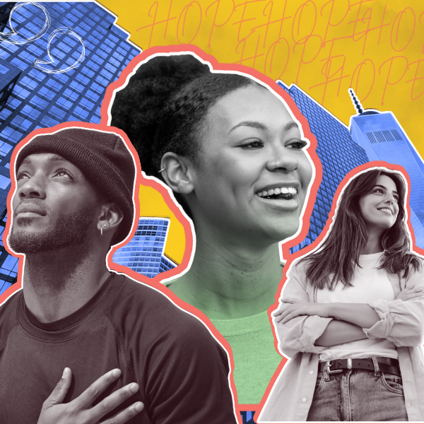 Group of young people on a city skyline background looking hopeful