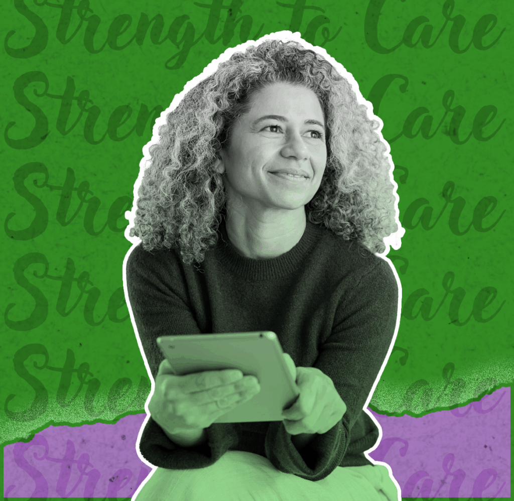 Woman sitting with a notebook on green background.