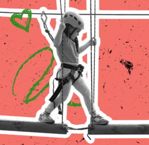 Young girl walking a tight rope on red background.