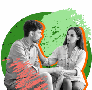 Two young people sitting and having a conversation on a green background.