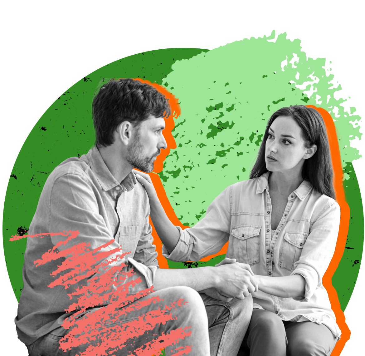 Two young people sitting and having a conversation on a green background.