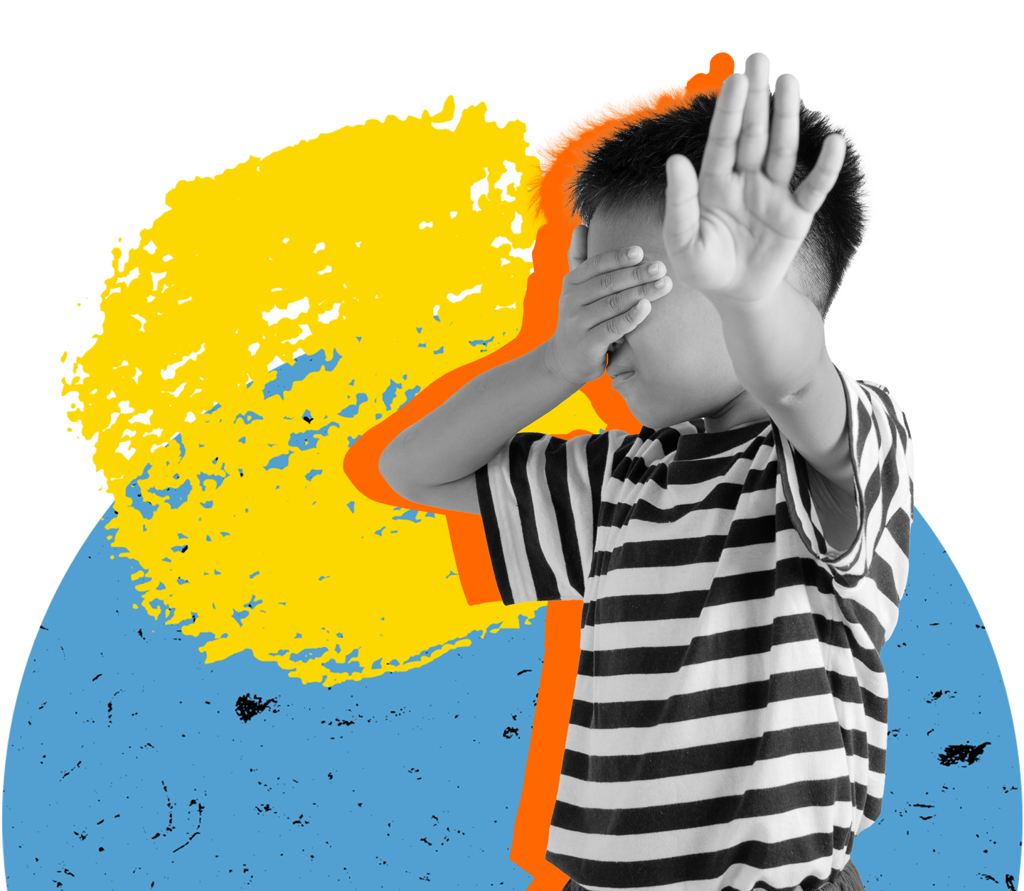 Young child with hand covering face on blue circle background. 