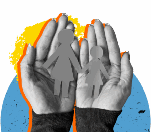 Hands holding a paper cutout of an adult and a child.