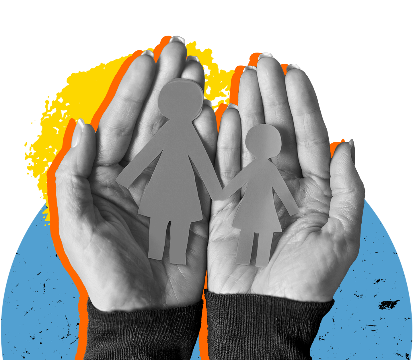 Hands holding a paper cutout of an adult and a child.