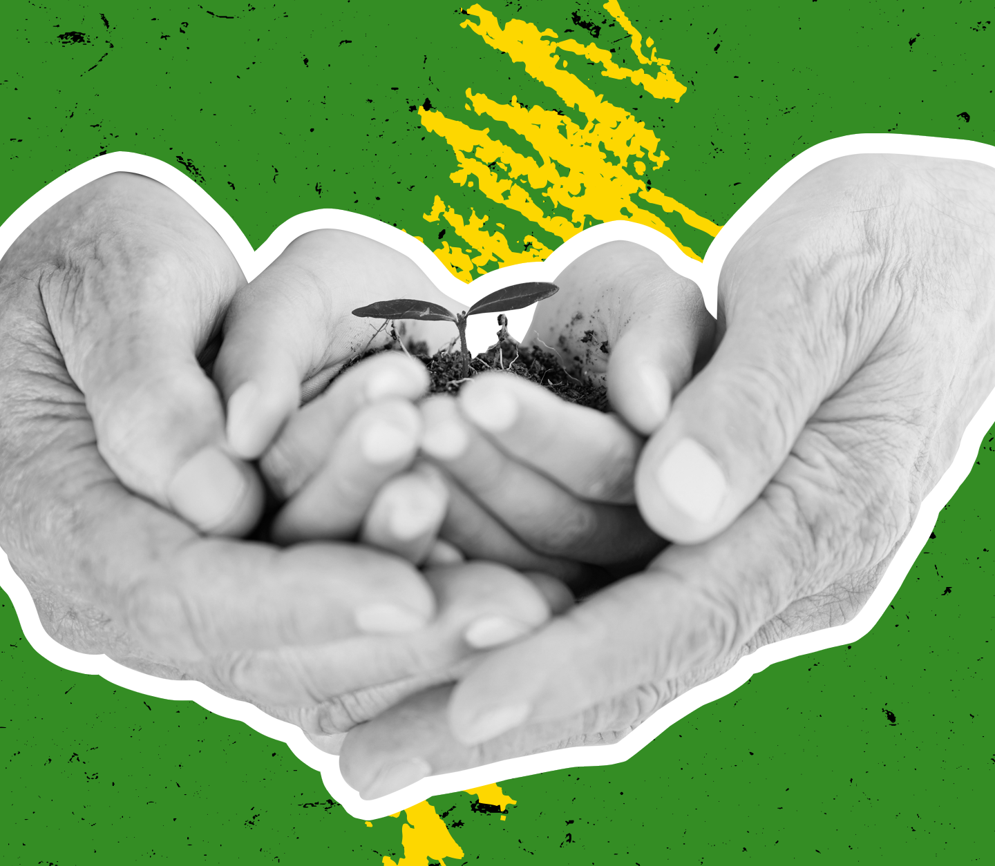 Hand holding smaller hands on green background