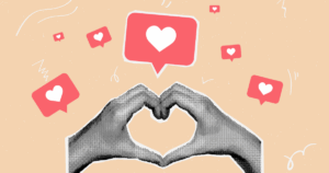 Hands in heart shape with social media likes in background.