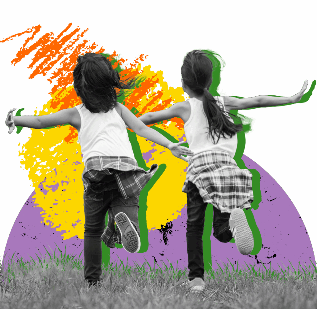 Two children running facing away from the camera.