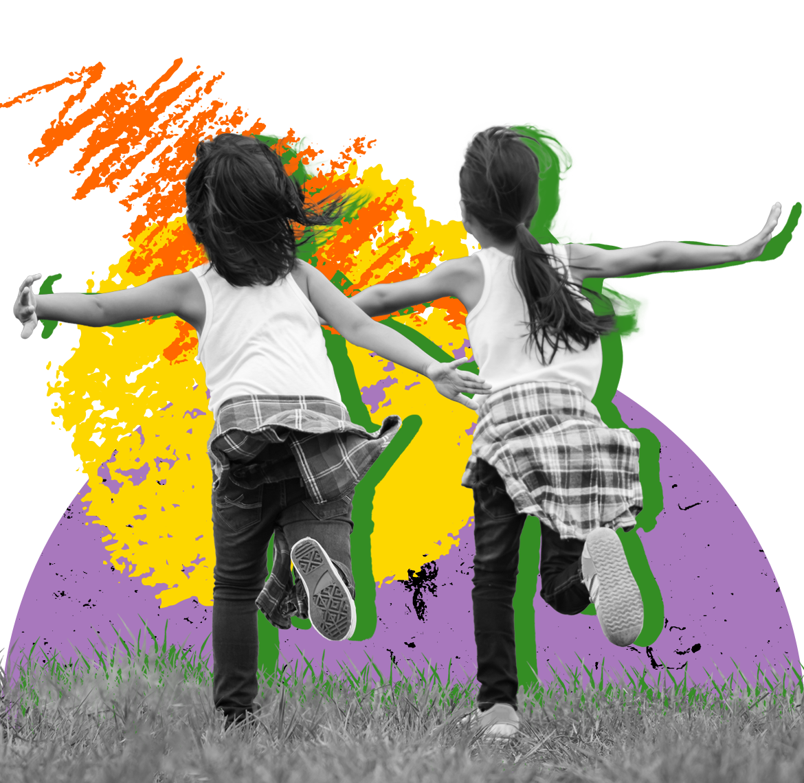 Two children running facing away from the camera.