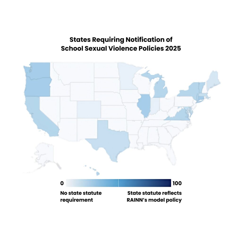 Map of states requiring notification of school sexual violence policies in 2025.