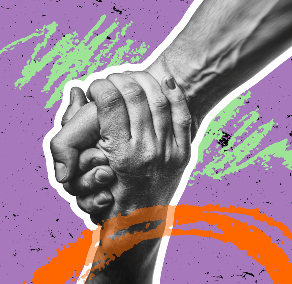 Two hands clasped on a purple background